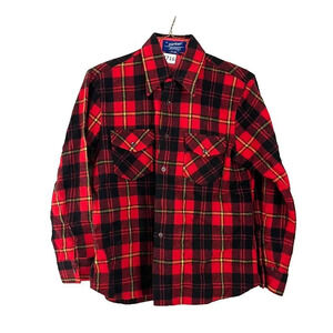 Vtg Puritan Men's Red Black Yellow Flannel Shirt M Plaid Aquawool Long Sleeve